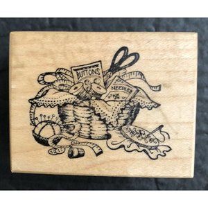 PSX Rubber Stamp Sewing Notions Basket Thimble Scissors Thread Buttons